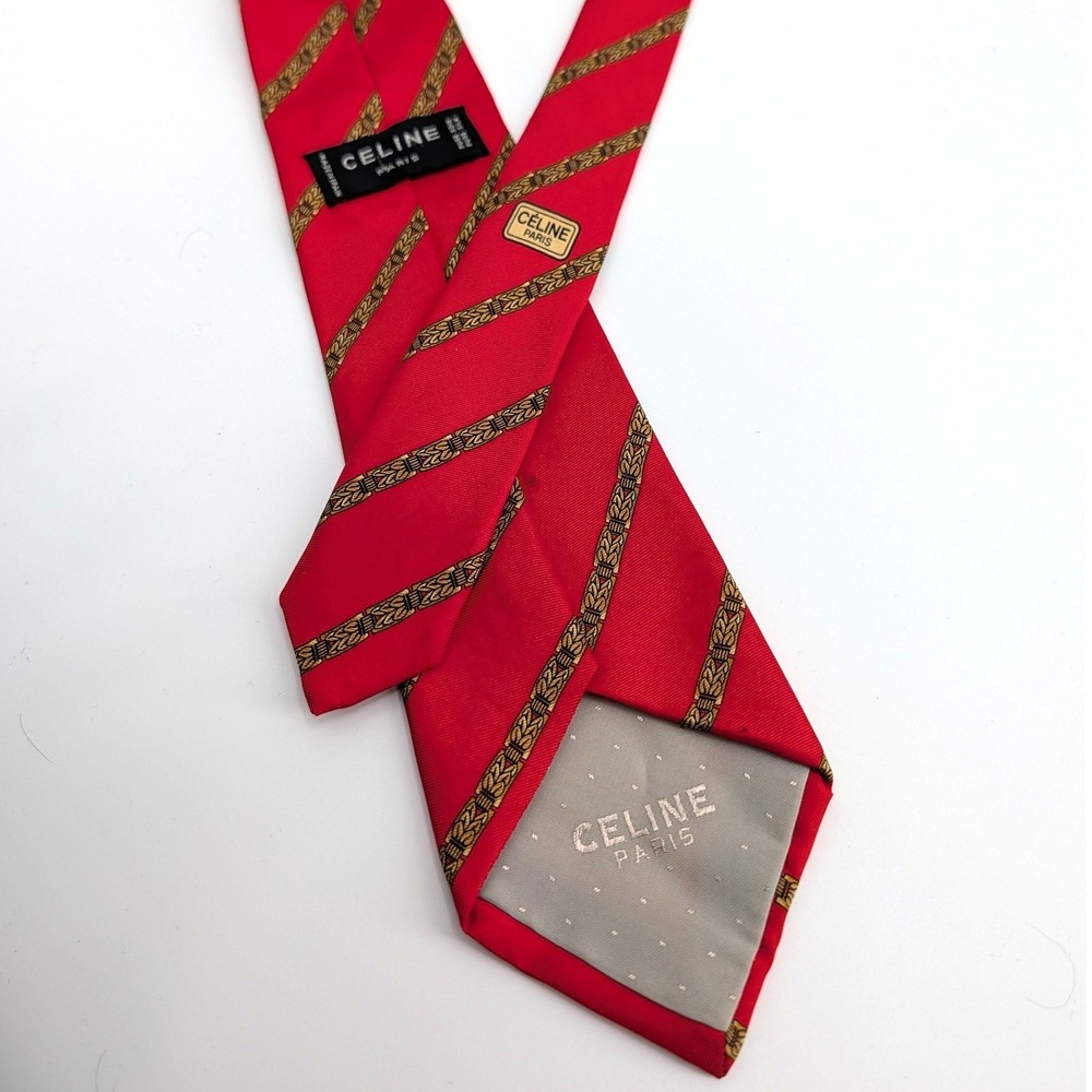 Celine Paris Silk Tie Red Gold Chain Link Stripe Made in Spain Luxury Necktie - Picture 6 of 7